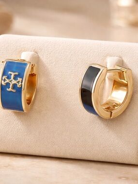 Tory Burch Gold-Tone Hoop Earrings with Blue Enamel and Black Accent